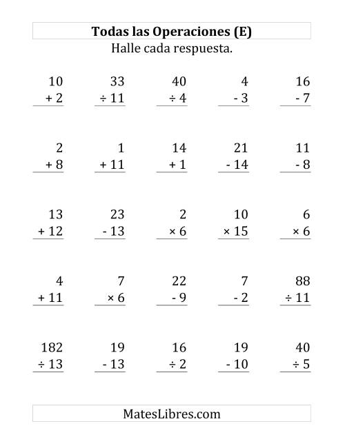La hoja de ejercicios de 25 Ejercicios de Suma, Resta, Multiplicación y División (de 1 a 15) (E)