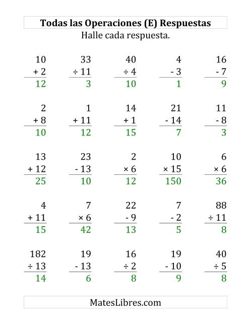 La hoja de ejercicios de 25 Ejercicios de Suma, Resta, Multiplicación y División (de 1 a 15) (E) Página 2