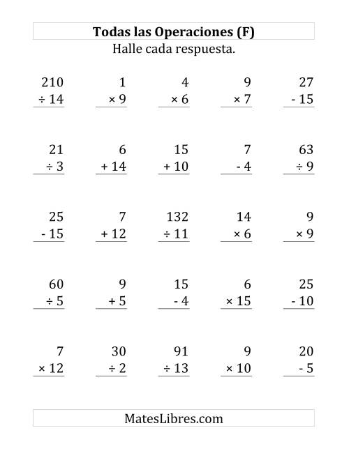 La hoja de ejercicios de 25 Ejercicios de Suma, Resta, Multiplicación y División (de 1 a 15) (F)