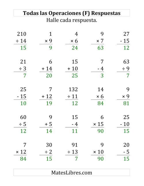 La hoja de ejercicios de 25 Ejercicios de Suma, Resta, Multiplicación y División (de 1 a 15) (F) Página 2