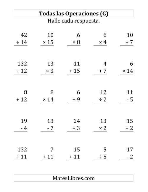 La hoja de ejercicios de 25 Ejercicios de Suma, Resta, Multiplicación y División (de 1 a 15) (G)