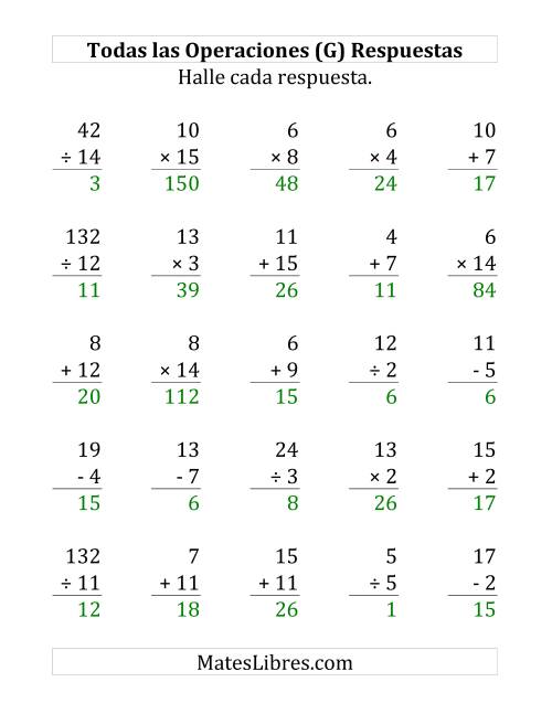 La hoja de ejercicios de 25 Ejercicios de Suma, Resta, Multiplicación y División (de 1 a 15) (G) Página 2