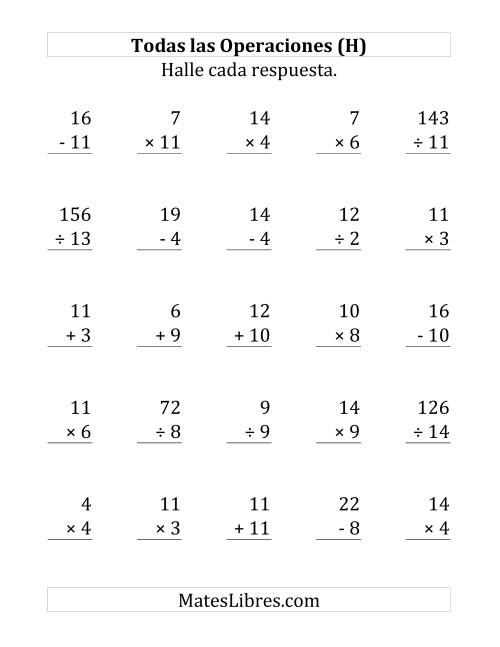 La hoja de ejercicios de 25 Ejercicios de Suma, Resta, Multiplicación y División (de 1 a 15) (H)