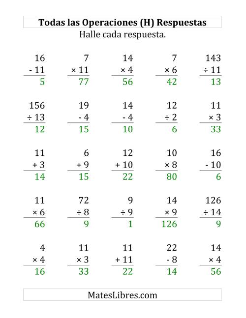 La hoja de ejercicios de 25 Ejercicios de Suma, Resta, Multiplicación y División (de 1 a 15) (H) Página 2
