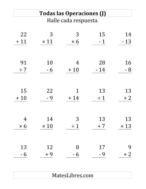 La hoja de ejercicios de 25 Ejercicios de Suma, Resta, Multiplicación y División (de 1 a 15) (J)