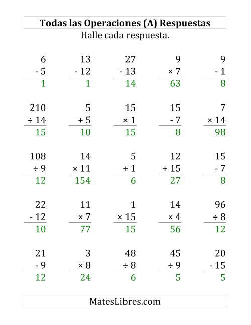 La hoja de ejercicios de 25 Ejercicios de Suma, Resta, Multiplicación y División (de 1 a 15) (Todas) Página 2