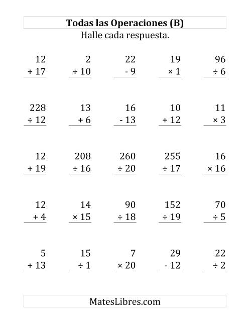 La hoja de ejercicios de 25 Ejercicios de Suma, Resta, Multiplicación y División (de 1 a 20) (B)