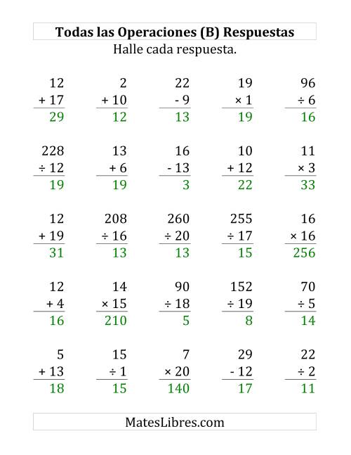La hoja de ejercicios de 25 Ejercicios de Suma, Resta, Multiplicación y División (de 1 a 20) (B) Página 2