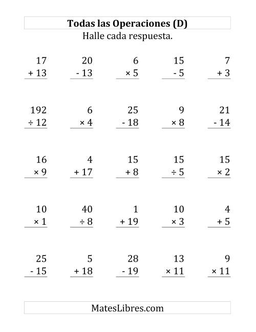 La hoja de ejercicios de 25 Ejercicios de Suma, Resta, Multiplicación y División (de 1 a 20) (D)