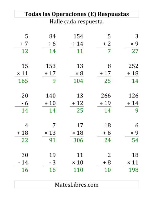 La hoja de ejercicios de 25 Ejercicios de Suma, Resta, Multiplicación y División (de 1 a 20) (E) Página 2