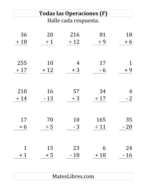 La hoja de ejercicios de 25 Ejercicios de Suma, Resta, Multiplicación y División (de 1 a 20) (F)