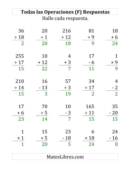 La hoja de ejercicios de 25 Ejercicios de Suma, Resta, Multiplicación y División (de 1 a 20) (F) Página 2