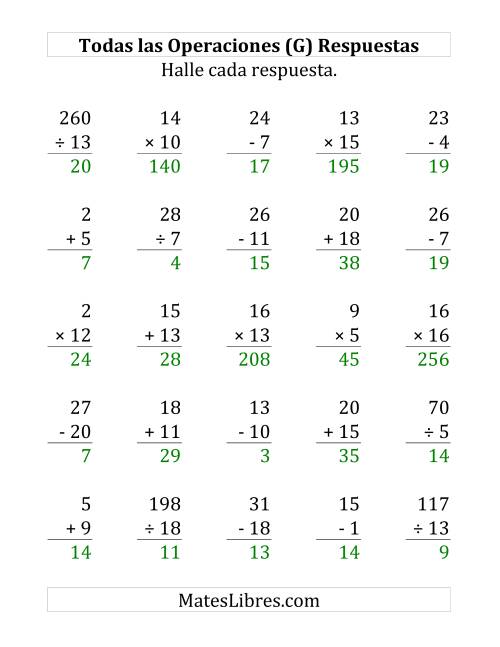 La hoja de ejercicios de 25 Ejercicios de Suma, Resta, Multiplicación y División (de 1 a 20) (G) Página 2