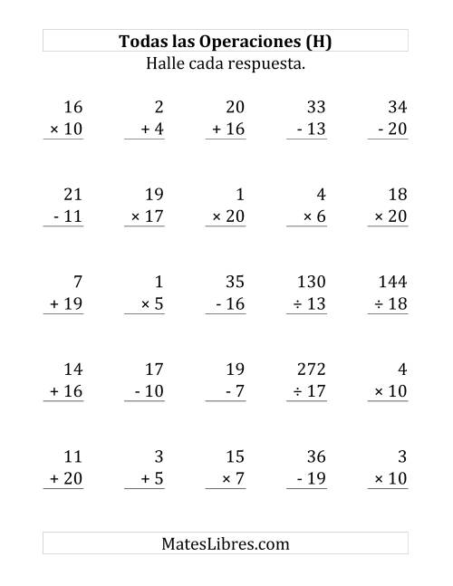 La hoja de ejercicios de 25 Ejercicios de Suma, Resta, Multiplicación y División (de 1 a 20) (H)