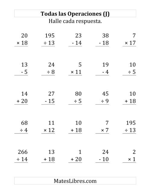 La hoja de ejercicios de 25 Ejercicios de Suma, Resta, Multiplicación y División (de 1 a 20) (J)