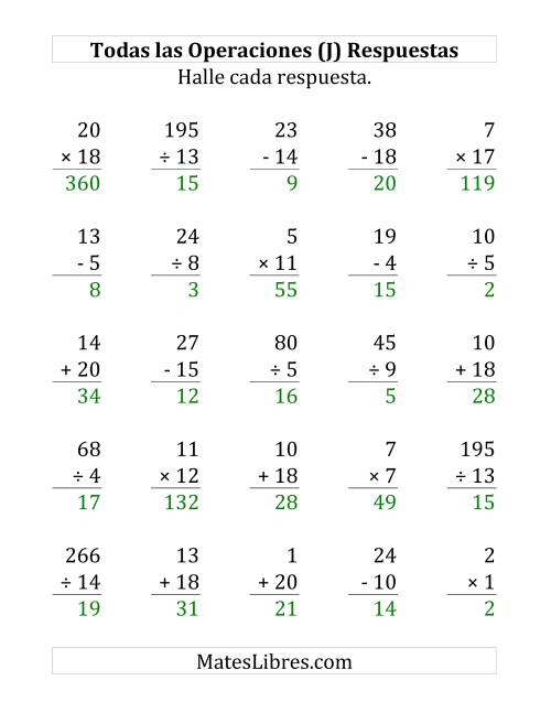 La hoja de ejercicios de 25 Ejercicios de Suma, Resta, Multiplicación y División (de 1 a 20) (J) Página 2