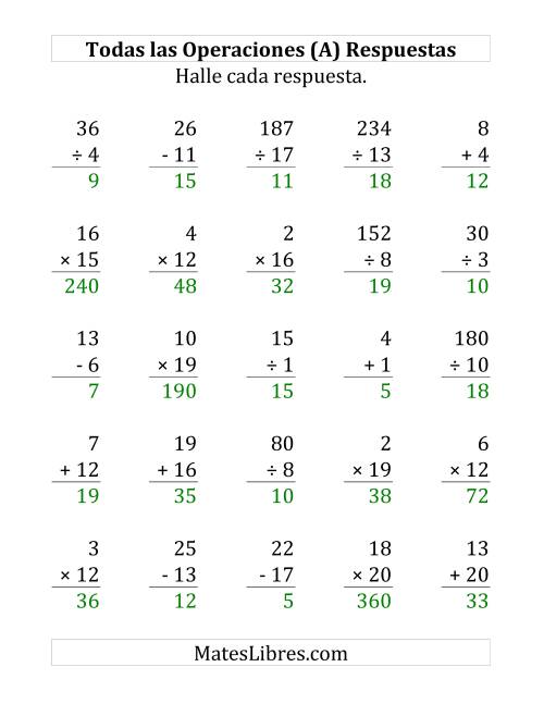 La hoja de ejercicios de 25 Ejercicios de Suma, Resta, Multiplicación y División (de 1 a 20) (Todas) Página 2