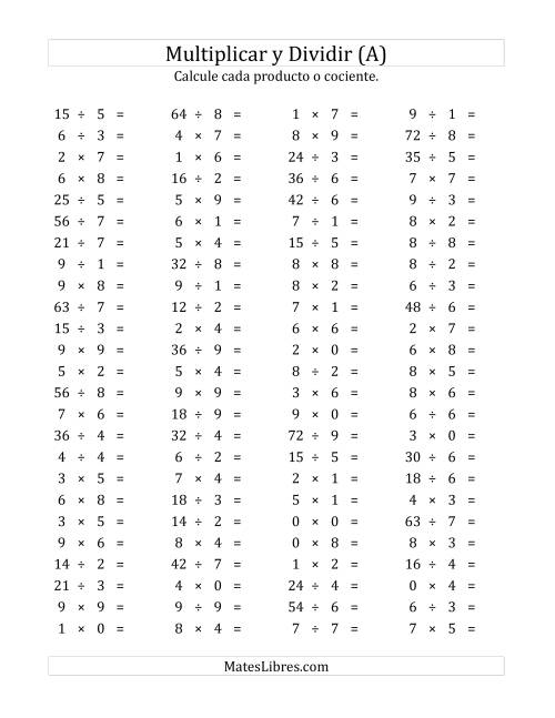 La hoja de ejercicios de 100 Preguntas Horizontales de Multiplicación y División (de 0 a 9) (A)