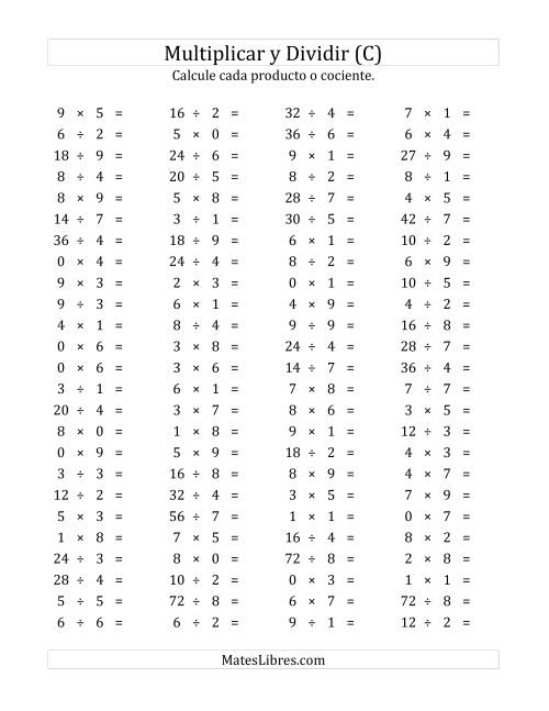 La hoja de ejercicios de 100 Preguntas Horizontales de Multiplicación y División (de 0 a 9) (C)