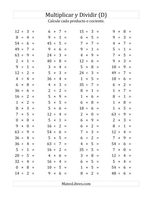 La hoja de ejercicios de 100 Preguntas Horizontales de Multiplicación y División (de 0 a 9) (D)