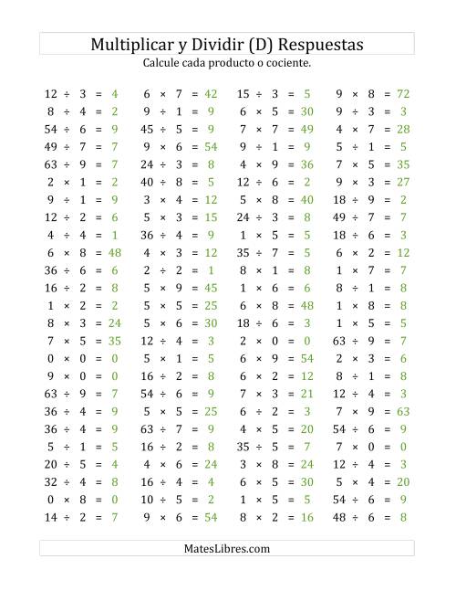 La hoja de ejercicios de 100 Preguntas Horizontales de Multiplicación y División (de 0 a 9) (D) Página 2