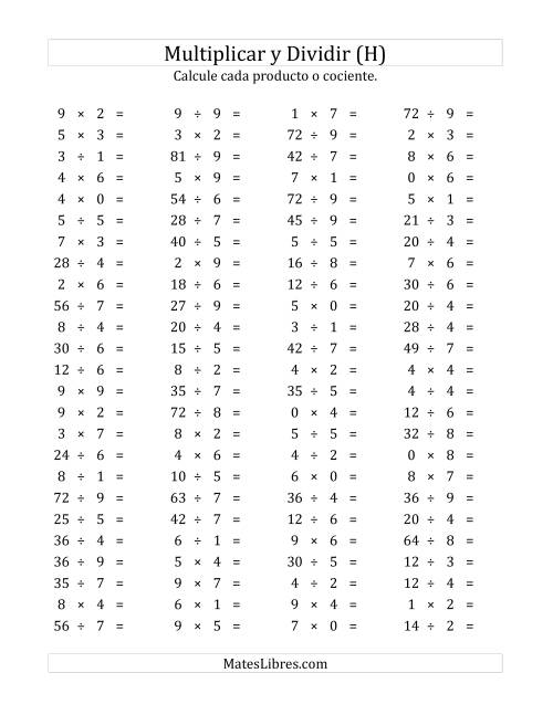 La hoja de ejercicios de 100 Preguntas Horizontales de Multiplicación y División (de 0 a 9) (H)