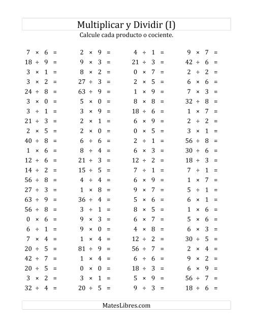 La hoja de ejercicios de 100 Preguntas Horizontales de Multiplicación y División (de 0 a 9) (I)