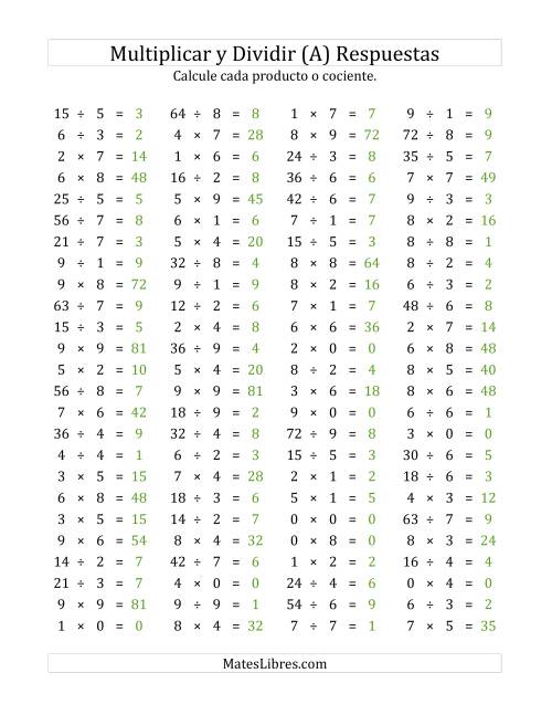 La hoja de ejercicios de 100 Preguntas Horizontales de Multiplicación y División (de 0 a 9) (Todas) Página 2