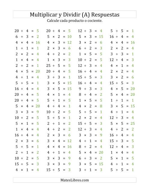 La hoja de ejercicios de 100 Preguntas Horizontales de Multiplicación y División (de 1 a 5) (A) Página 2
