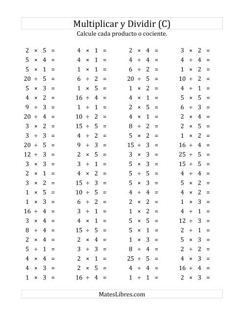 La hoja de ejercicios de 100 Preguntas Horizontales de Multiplicación y División (de 1 a 5) (C)