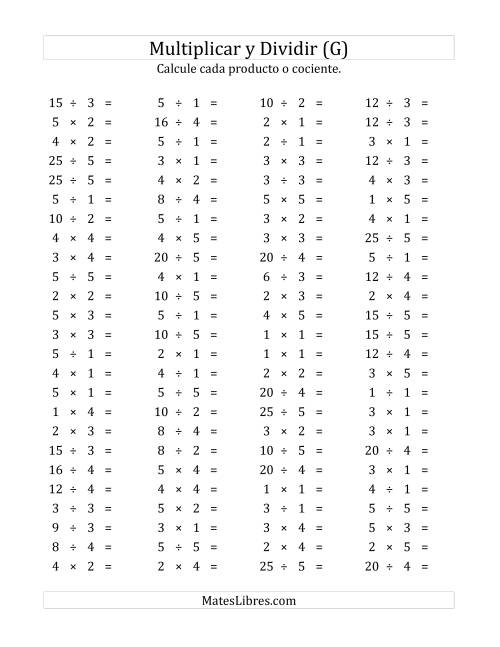 La hoja de ejercicios de 100 Preguntas Horizontales de Multiplicación y División (de 1 a 5) (G)