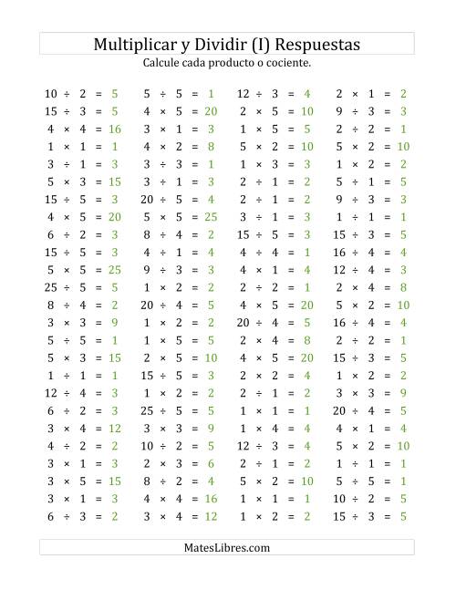 La hoja de ejercicios de 100 Preguntas Horizontales de Multiplicación y División (de 1 a 5) (I) Página 2