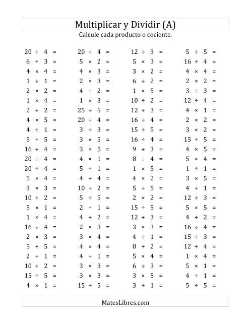 La hoja de ejercicios de 100 Preguntas Horizontales de Multiplicación y División (de 1 a 5) (Todas)