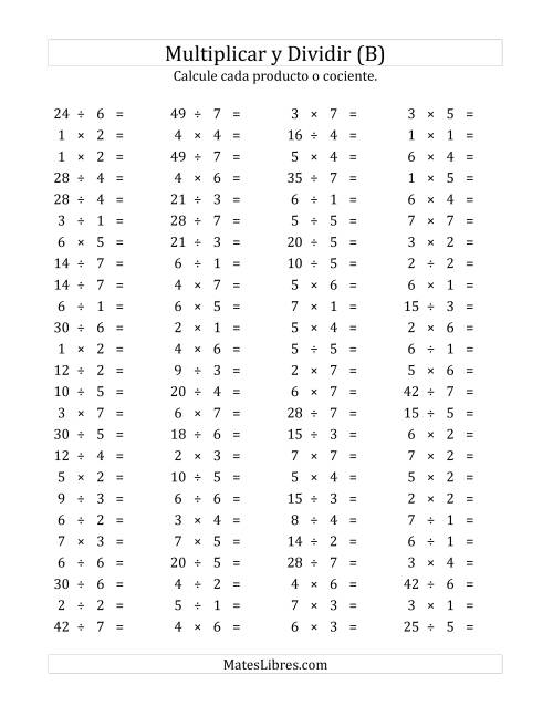 La hoja de ejercicios de 100 Preguntas Horizontales de Multiplicación y División (de 1 a 7) (B)