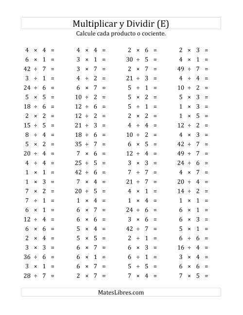 La hoja de ejercicios de 100 Preguntas Horizontales de Multiplicación y División (de 1 a 7) (E)