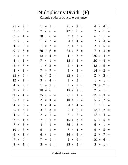 La hoja de ejercicios de 100 Preguntas Horizontales de Multiplicación y División (de 1 a 7) (F)