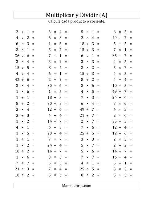 La hoja de ejercicios de 100 Preguntas Horizontales de Multiplicación y División (de 1 a 7) (Todas)