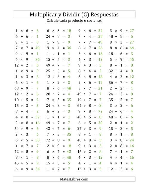 La hoja de ejercicios de 100 Preguntas Horizontales de Multiplicación y División (de 1 a 9) (G) Página 2