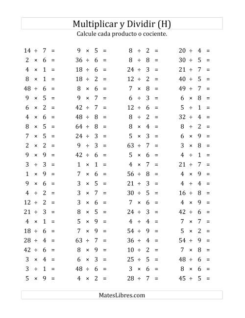 La hoja de ejercicios de 100 Preguntas Horizontales de Multiplicación y División (de 1 a 9) (H)