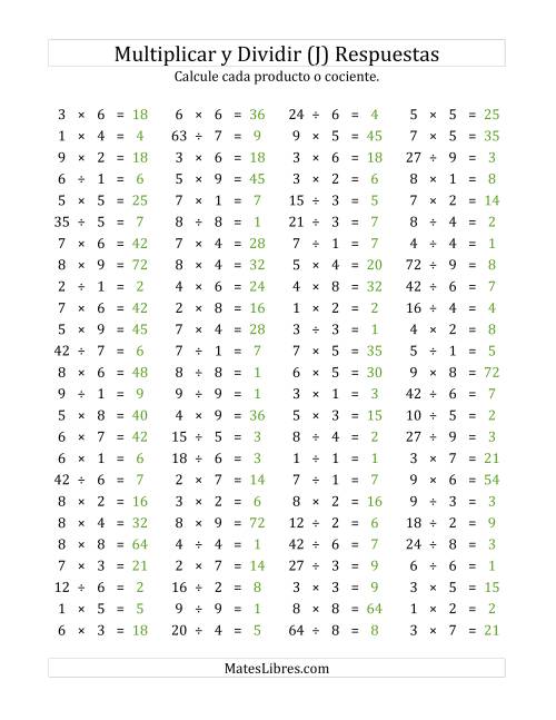 La hoja de ejercicios de 100 Preguntas Horizontales de Multiplicación y División (de 1 a 9) (J) Página 2