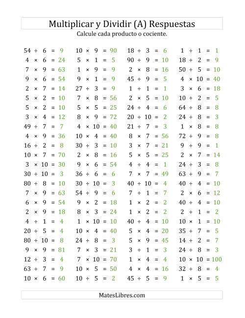 La hoja de ejercicios de 100 Preguntas Horizontales de Multiplicación y División (de 1 a 10) (A) Página 2