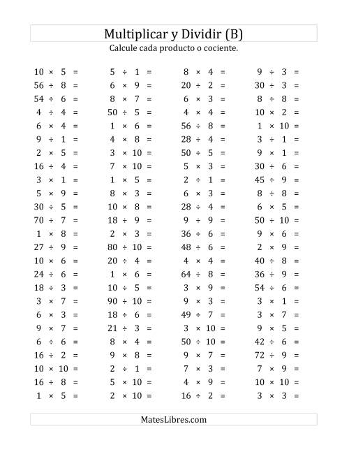 La hoja de ejercicios de 100 Preguntas Horizontales de Multiplicación y División (de 1 a 10) (B)