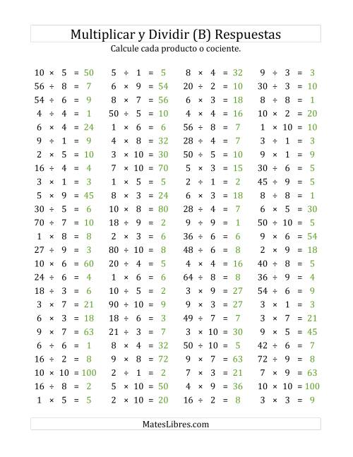 La hoja de ejercicios de 100 Preguntas Horizontales de Multiplicación y División (de 1 a 10) (B) Página 2