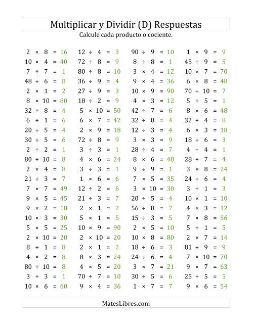 La hoja de ejercicios de 100 Preguntas Horizontales de Multiplicación y División (de 1 a 10) (D) Página 2