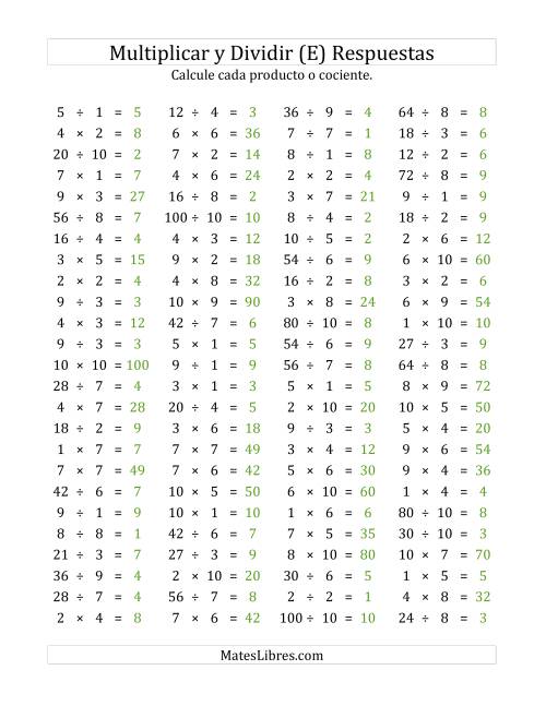 La hoja de ejercicios de 100 Preguntas Horizontales de Multiplicación y División (de 1 a 10) (E) Página 2