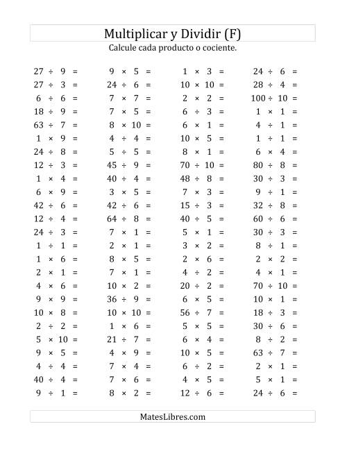 La hoja de ejercicios de 100 Preguntas Horizontales de Multiplicación y División (de 1 a 10) (F)