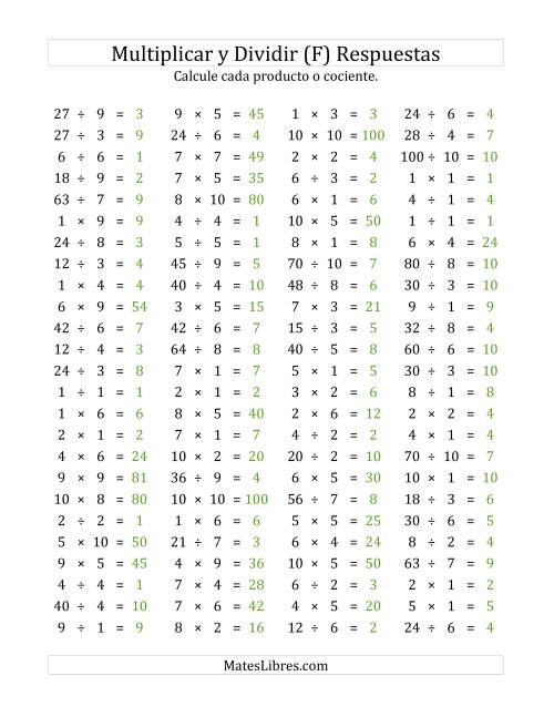 La hoja de ejercicios de 100 Preguntas Horizontales de Multiplicación y División (de 1 a 10) (F) Página 2