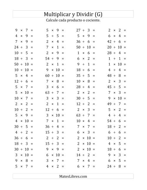 La hoja de ejercicios de 100 Preguntas Horizontales de Multiplicación y División (de 1 a 10) (G)
