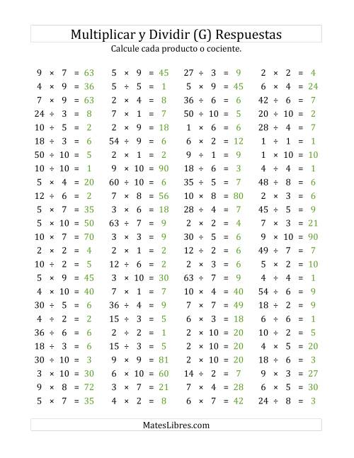La hoja de ejercicios de 100 Preguntas Horizontales de Multiplicación y División (de 1 a 10) (G) Página 2