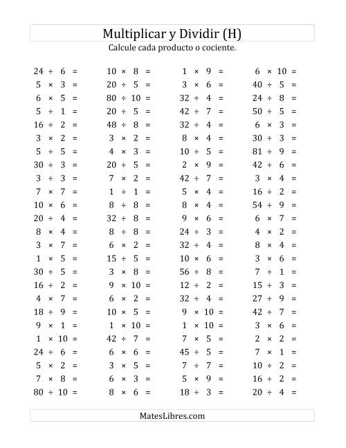 La hoja de ejercicios de 100 Preguntas Horizontales de Multiplicación y División (de 1 a 10) (H)